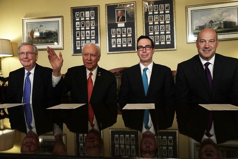WASHINGTON, DC - NOVEMBER 09: (L-R) U.S. Senate Majority Leader Sen. Mitch McConnell (R-KY), Chairman of U.S. Senate Finance Committee Sen. Orrin Hatch (R-UT), Secretary of the Treasury Steven Mnuchin, and Director of the National Economic Council Gary Cohn during a meeting with members of the Senate Finance Committee November 9, 2017 at the Capitol in Washington, DC. Senate Republicans unveiled their version of the tax reform plan. (Photo by Alex Wong/Getty Images)